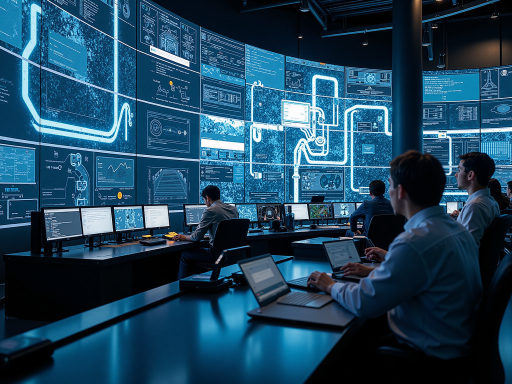 智能交通系统架构示意图，包含车辆、道路、传感器、控制中心等元素，科技感强